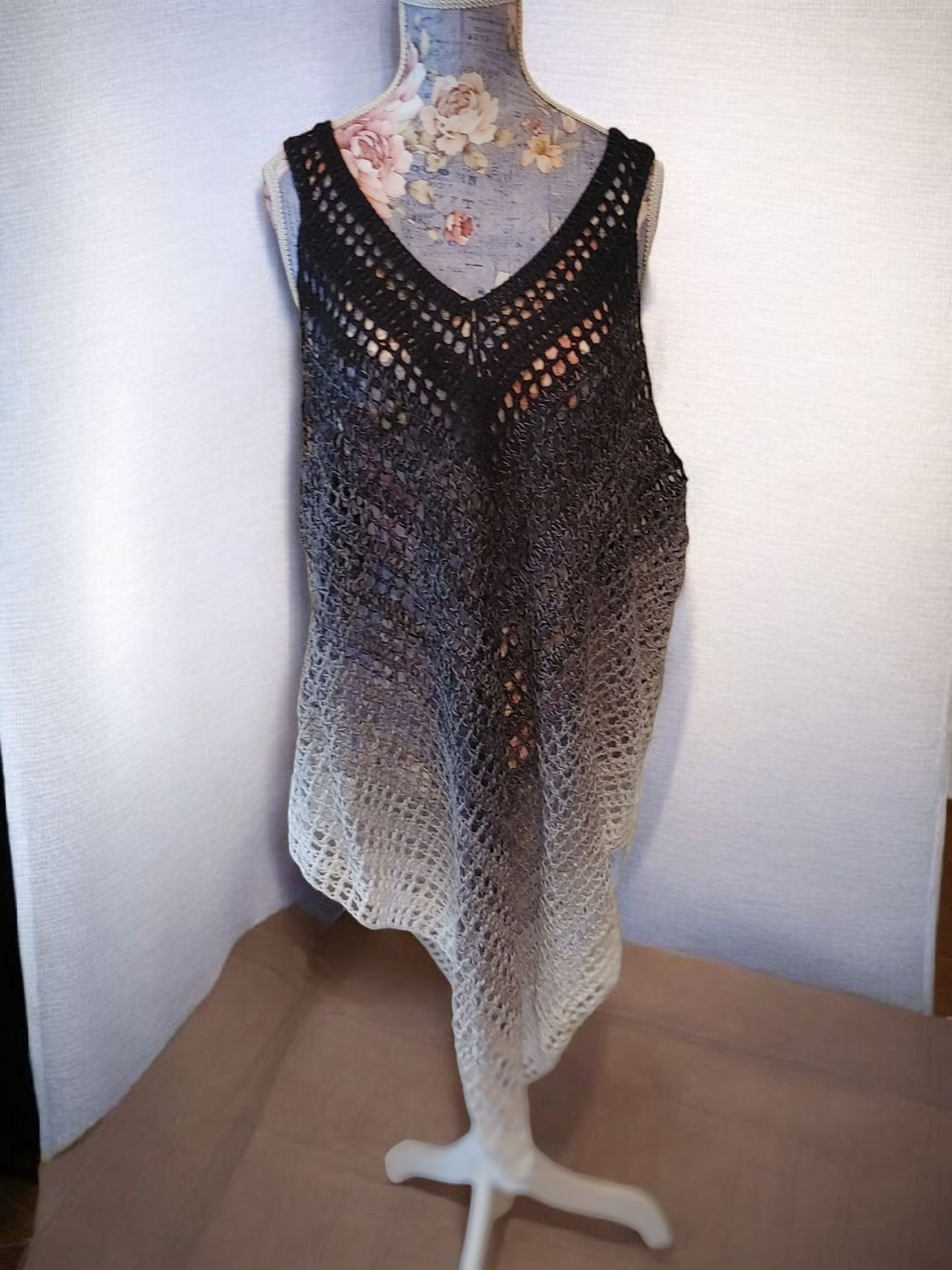 "Black ombre crochet beach cover up dress - handmade cotton beachwear"