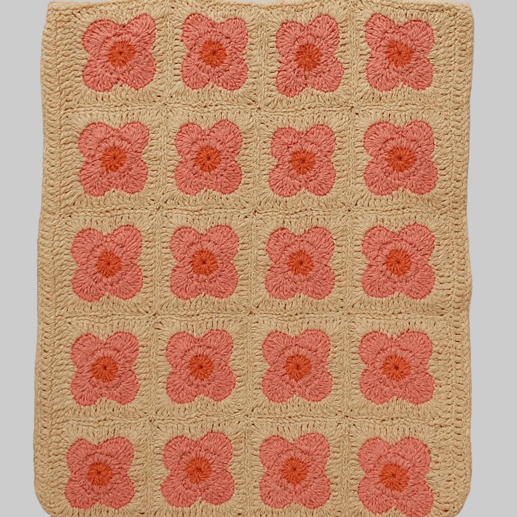 Handmade Blooming Blossom Tote bag featuring crochet floral granny squares in soft pink and green tones, eco-friendly and artisan crafted by Green Stitch.