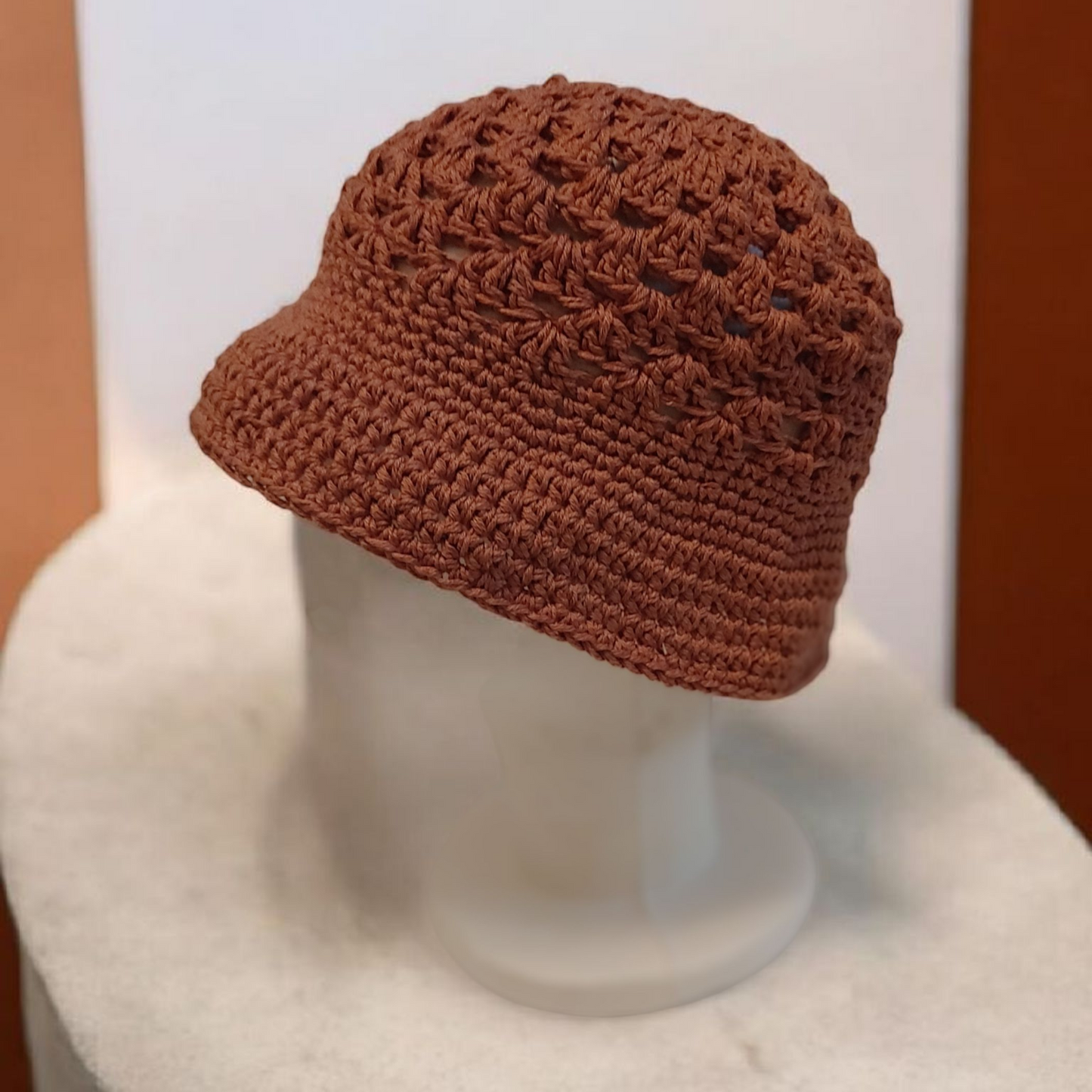 Bronze brown crochet granny square bucket hat.