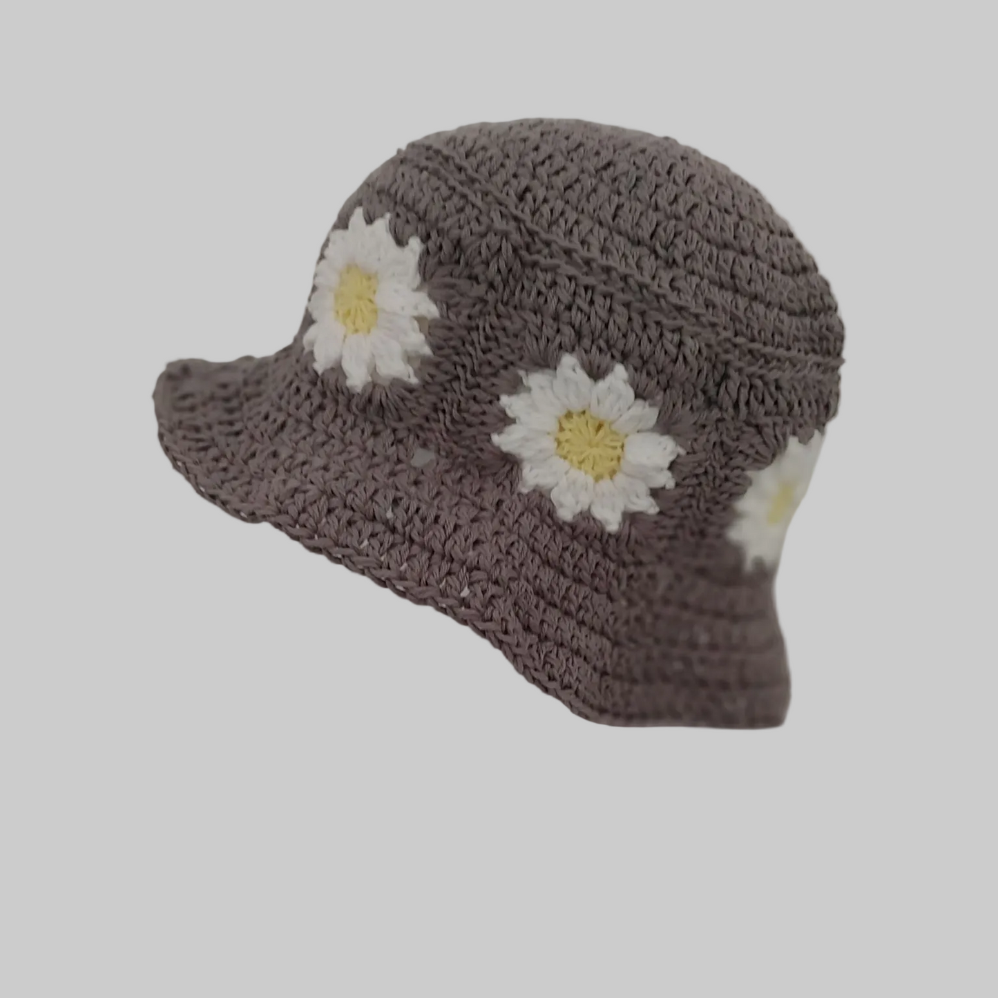Grey daisy crochet bucket hat.