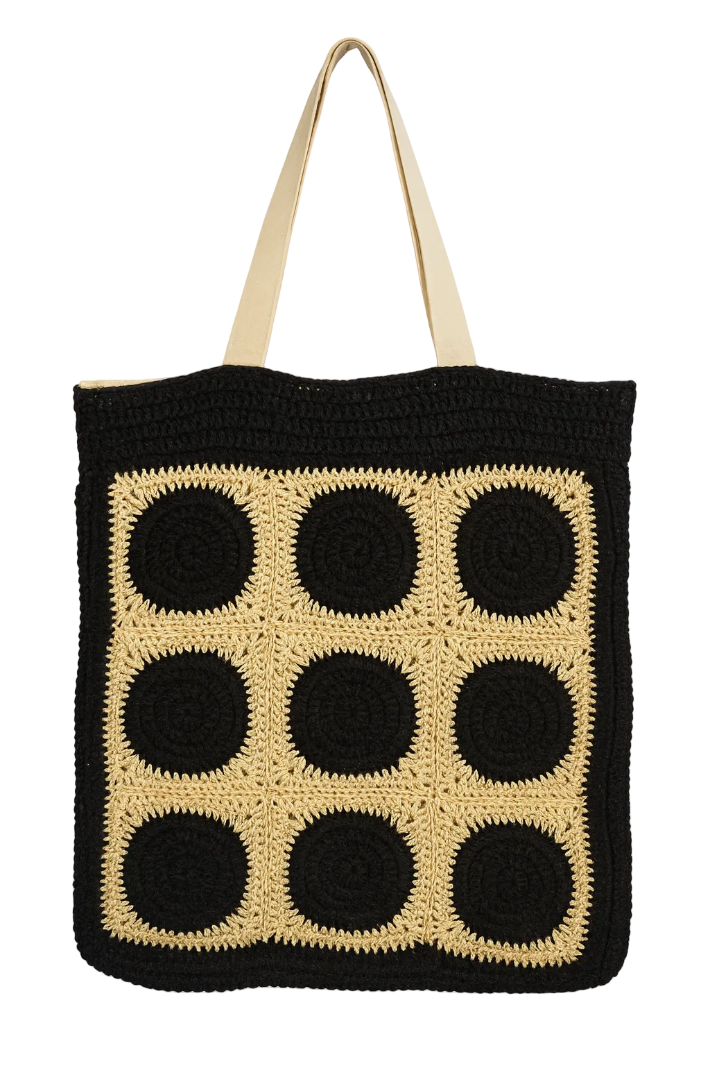 Handcrafted crochet tote bag featuring black and neutral granny square pattern, designed with sustainable yarn for timeless style.