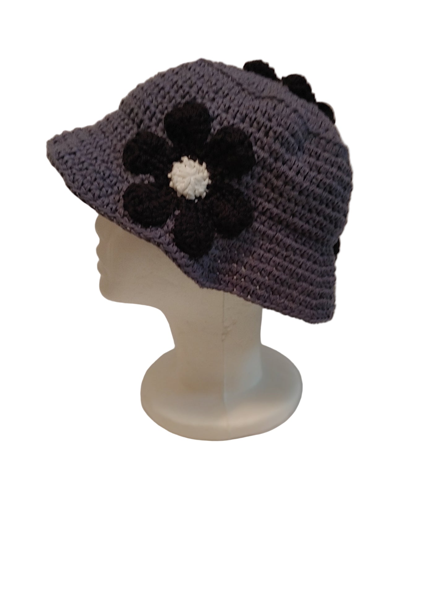 Grey and Black Floral Crochet Bucket Hat L/XL
