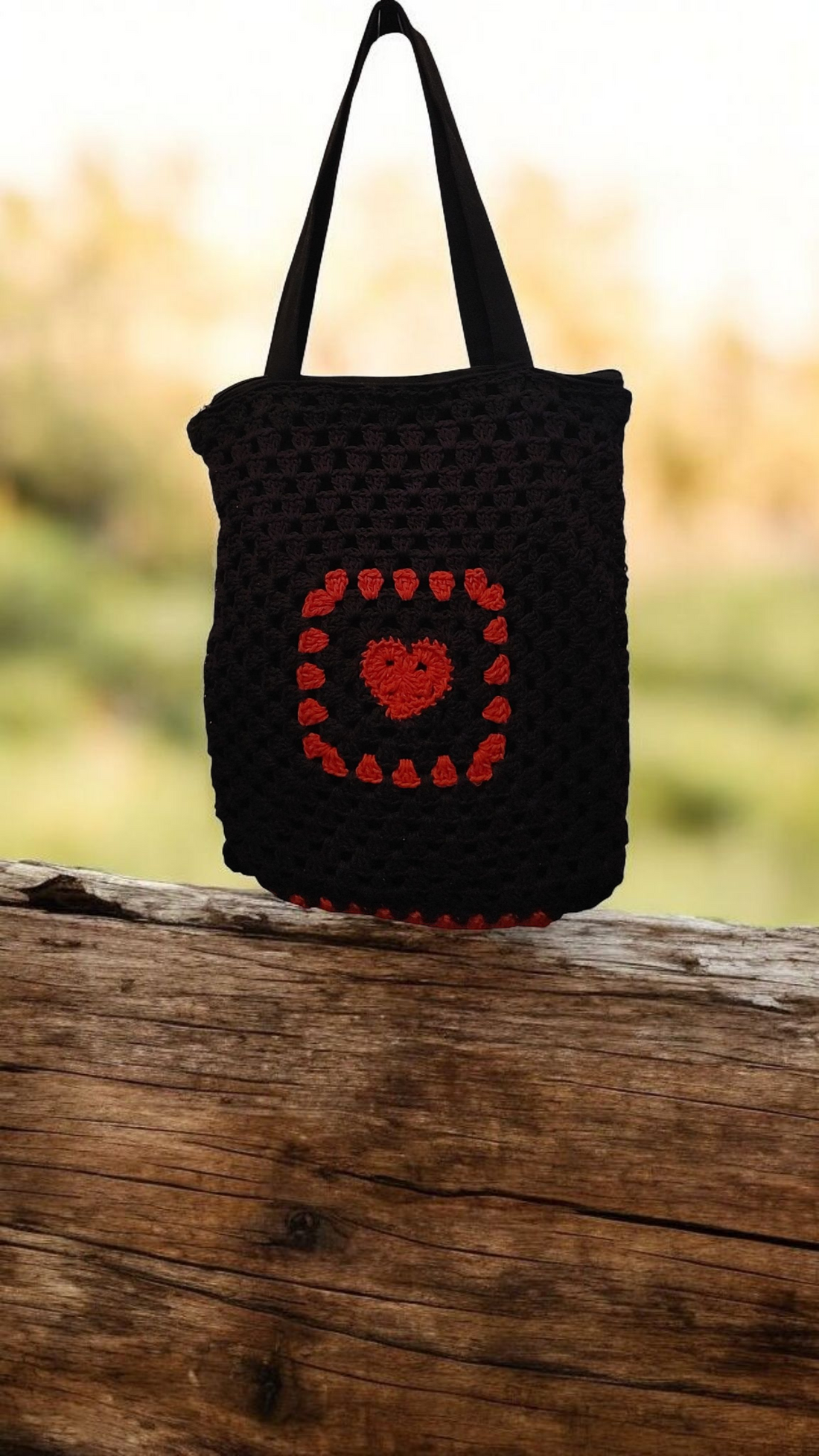  "Red heart crochet tote bag - handmade sustainable product by Green Stitch Canada"