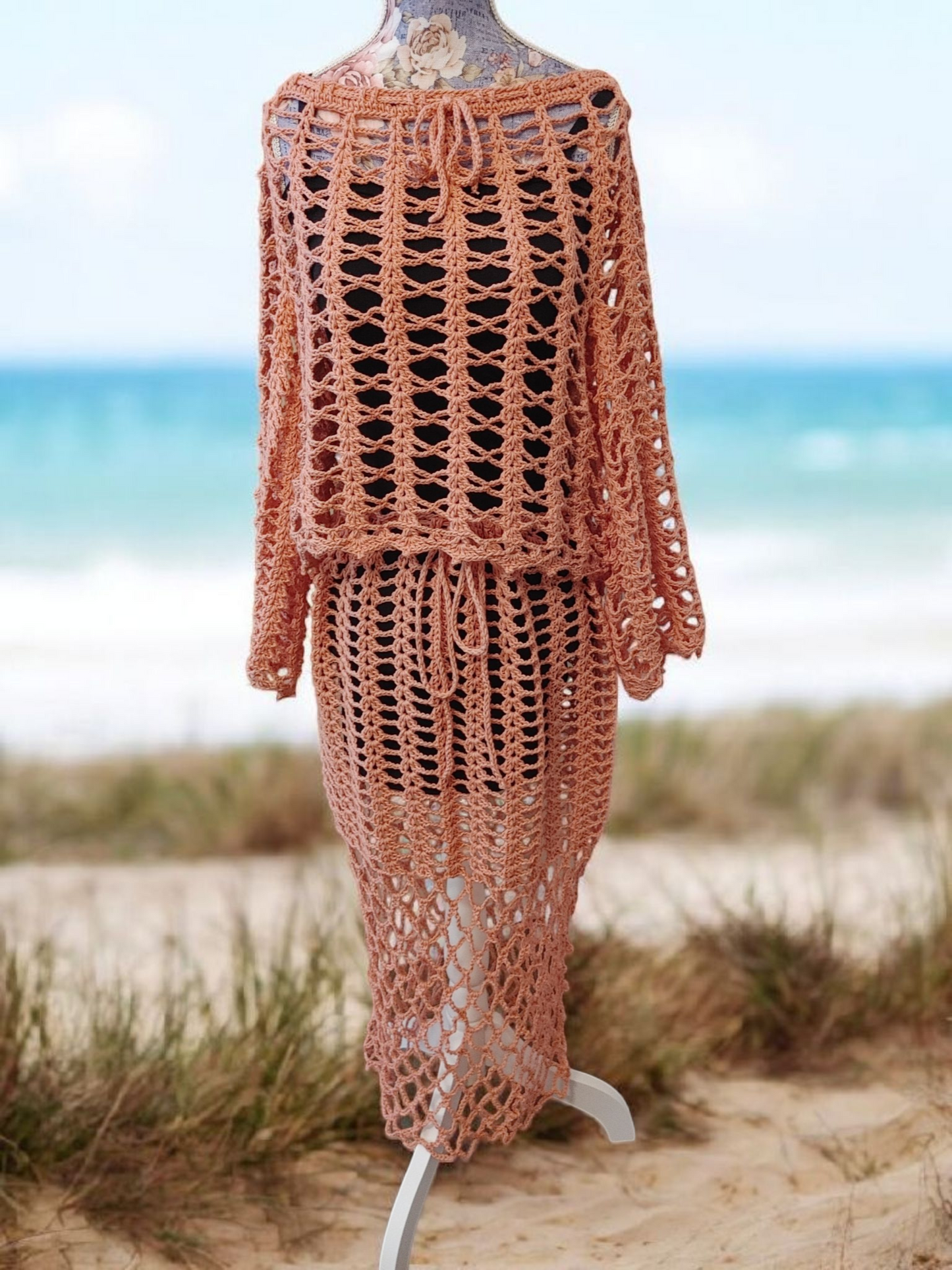 "Pink 2-piece crochet beach set - handmade cotton bikini cover up"