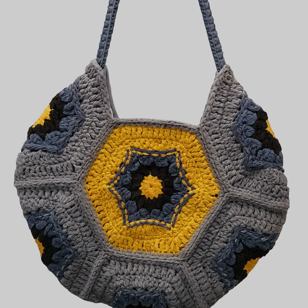 Handmade crochet mosaic tote bag with amber star design by Green Stitch