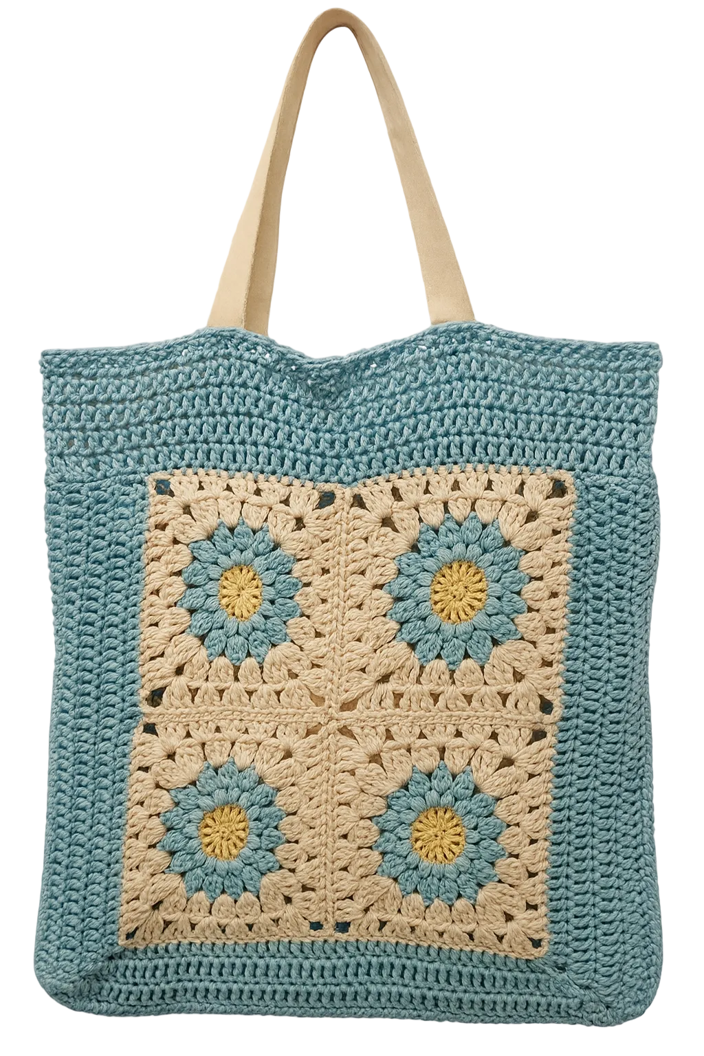 Handmade crochet Aqua Bloom Tote with floral granny squares in aqua, green, and neutral tones, sustainable artisan tote bag.