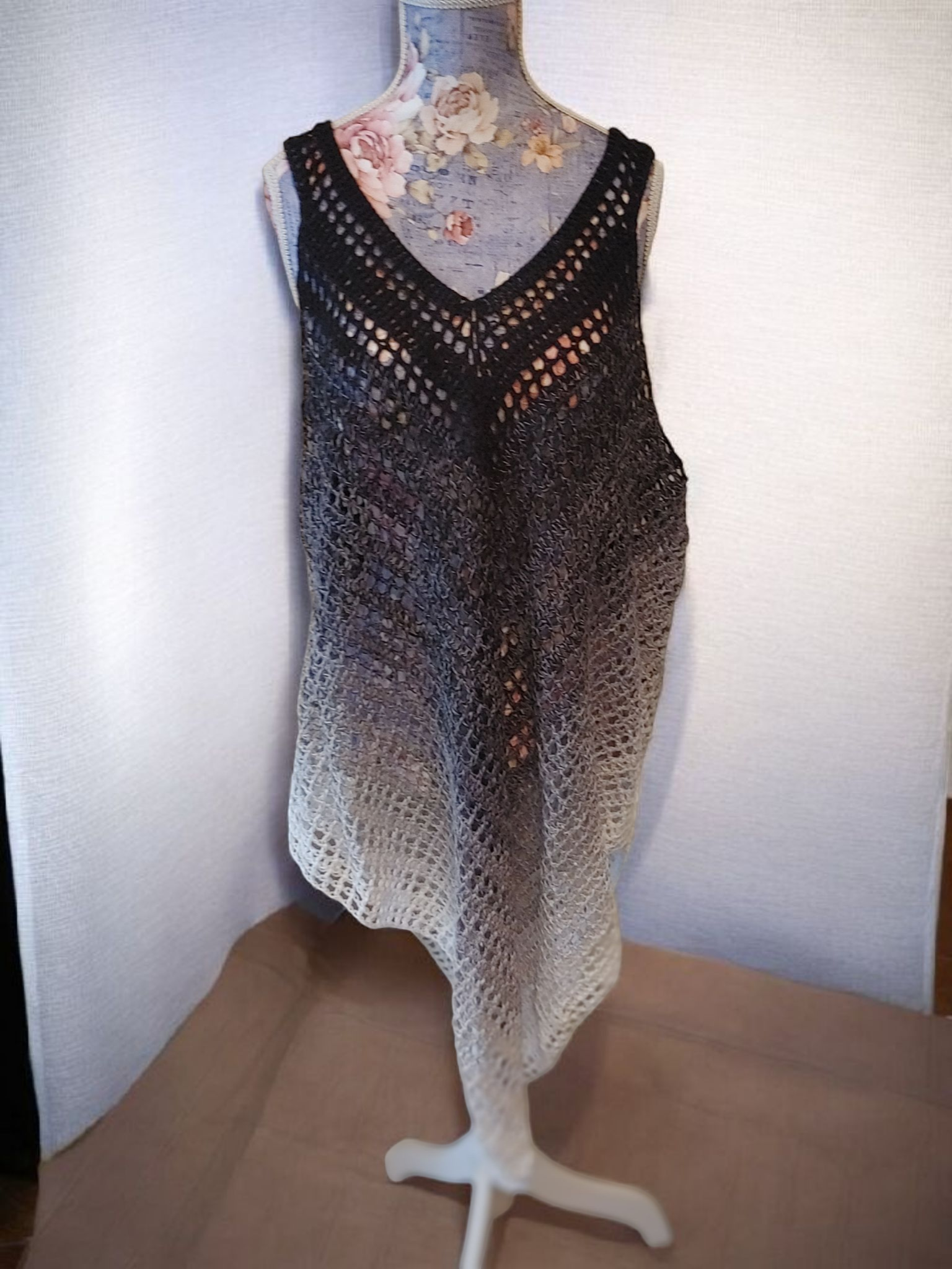 "Black ombre crochet beach cover up dress - handmade cotton beachwear"