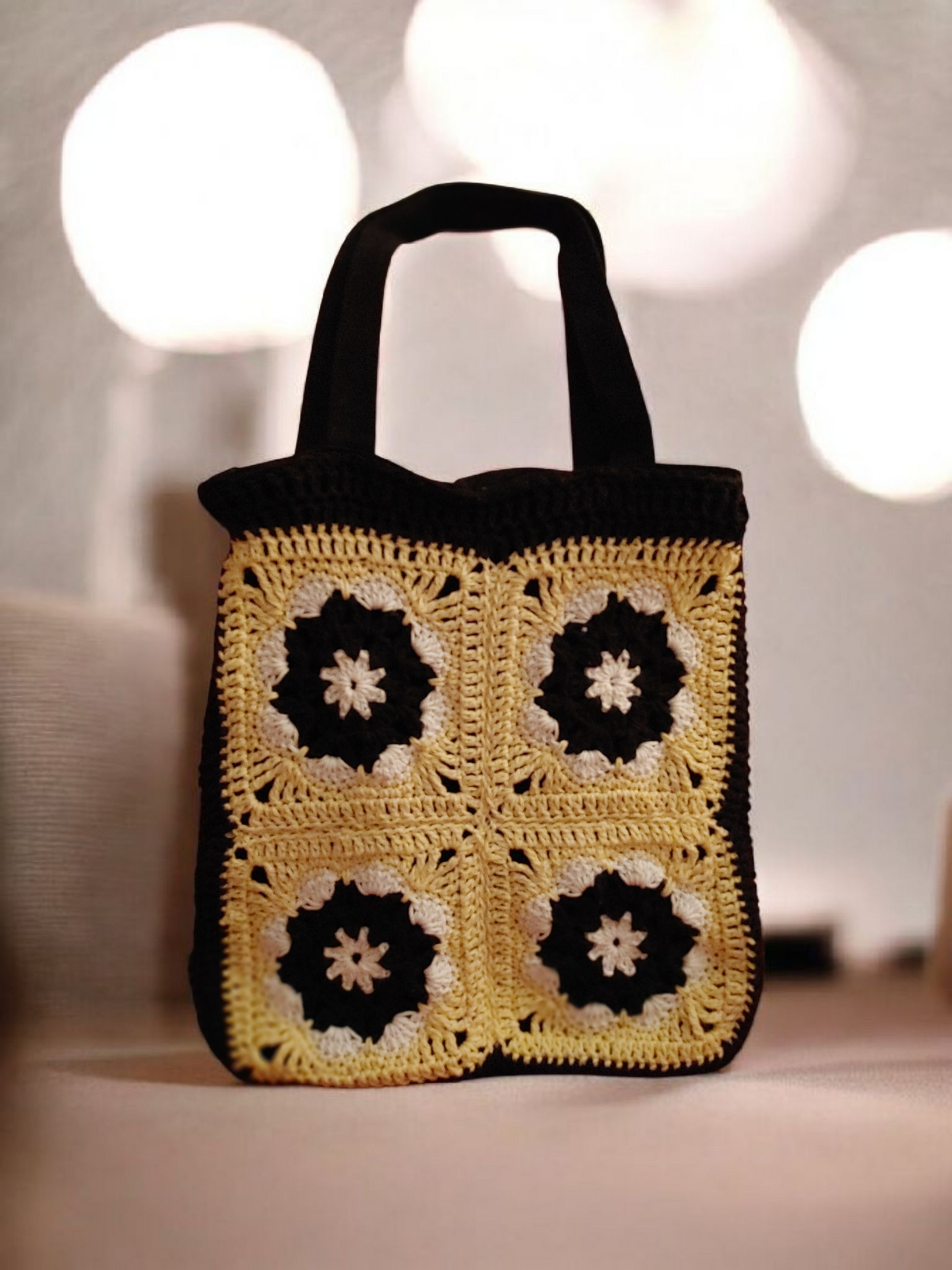 "Yellow black honeycomb crochet tote bag - handmade cotton market bag"