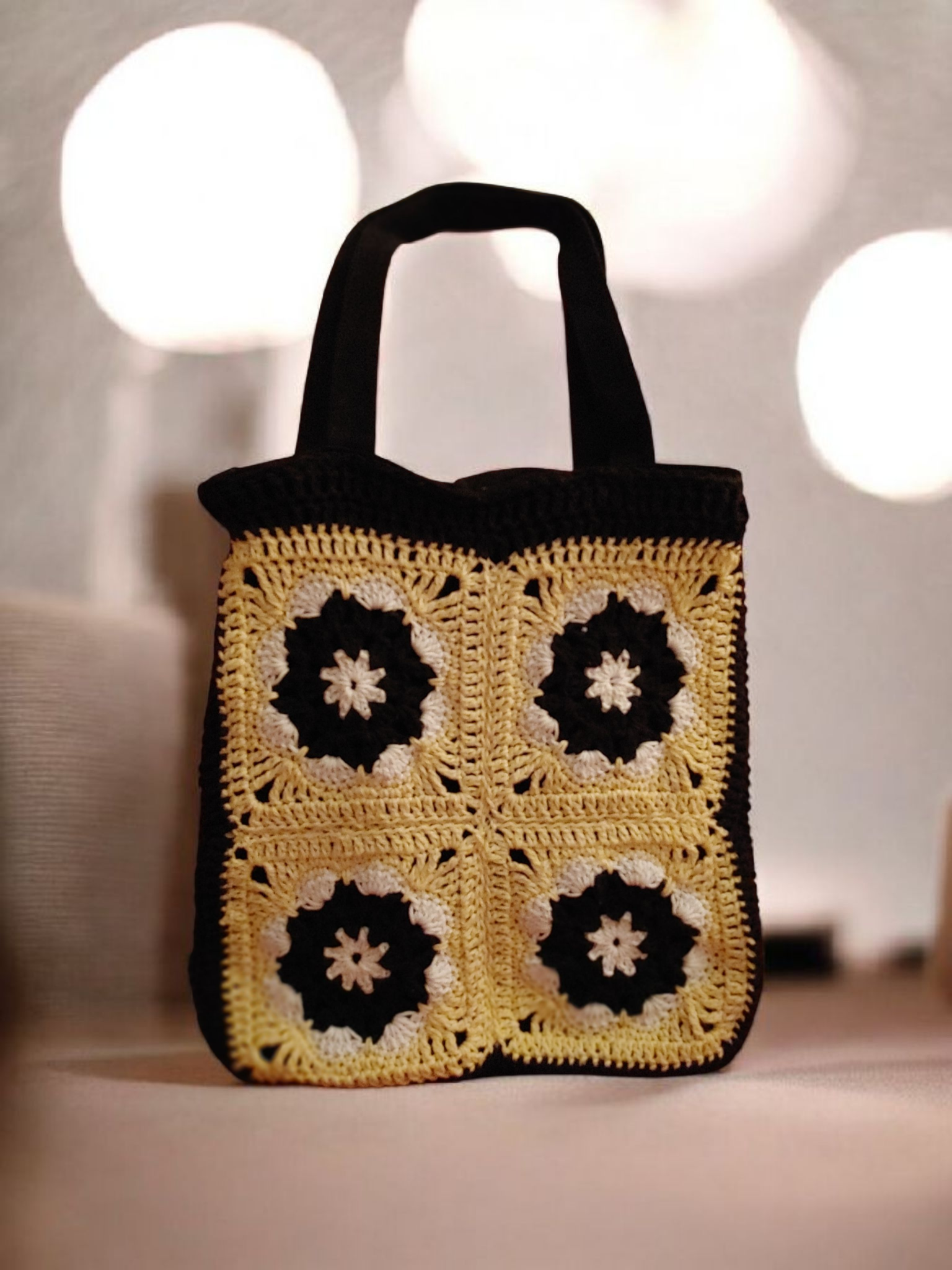 "Yellow black honeycomb crochet tote bag - handmade cotton market bag"