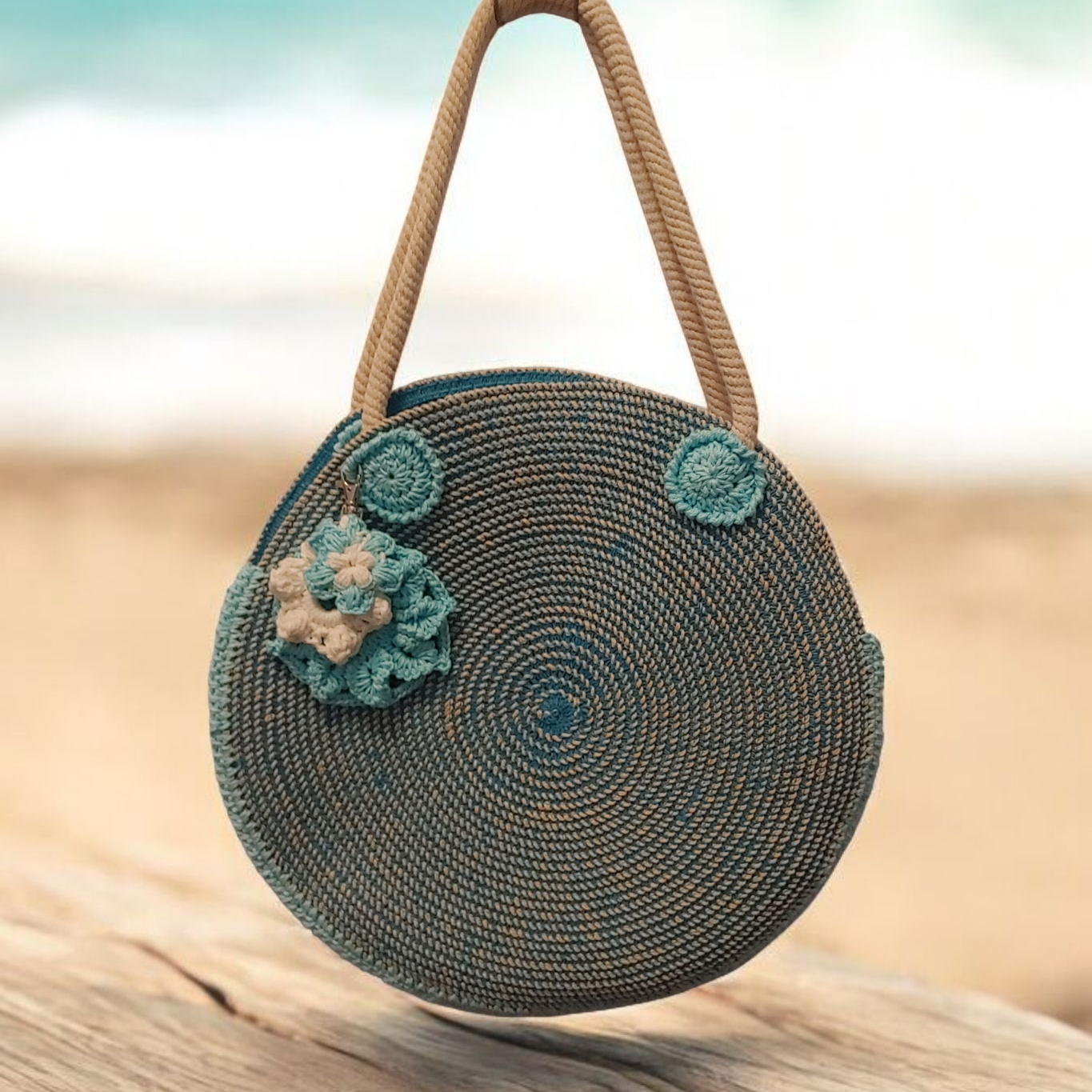 Blue woven and crochet everyday beach tote.