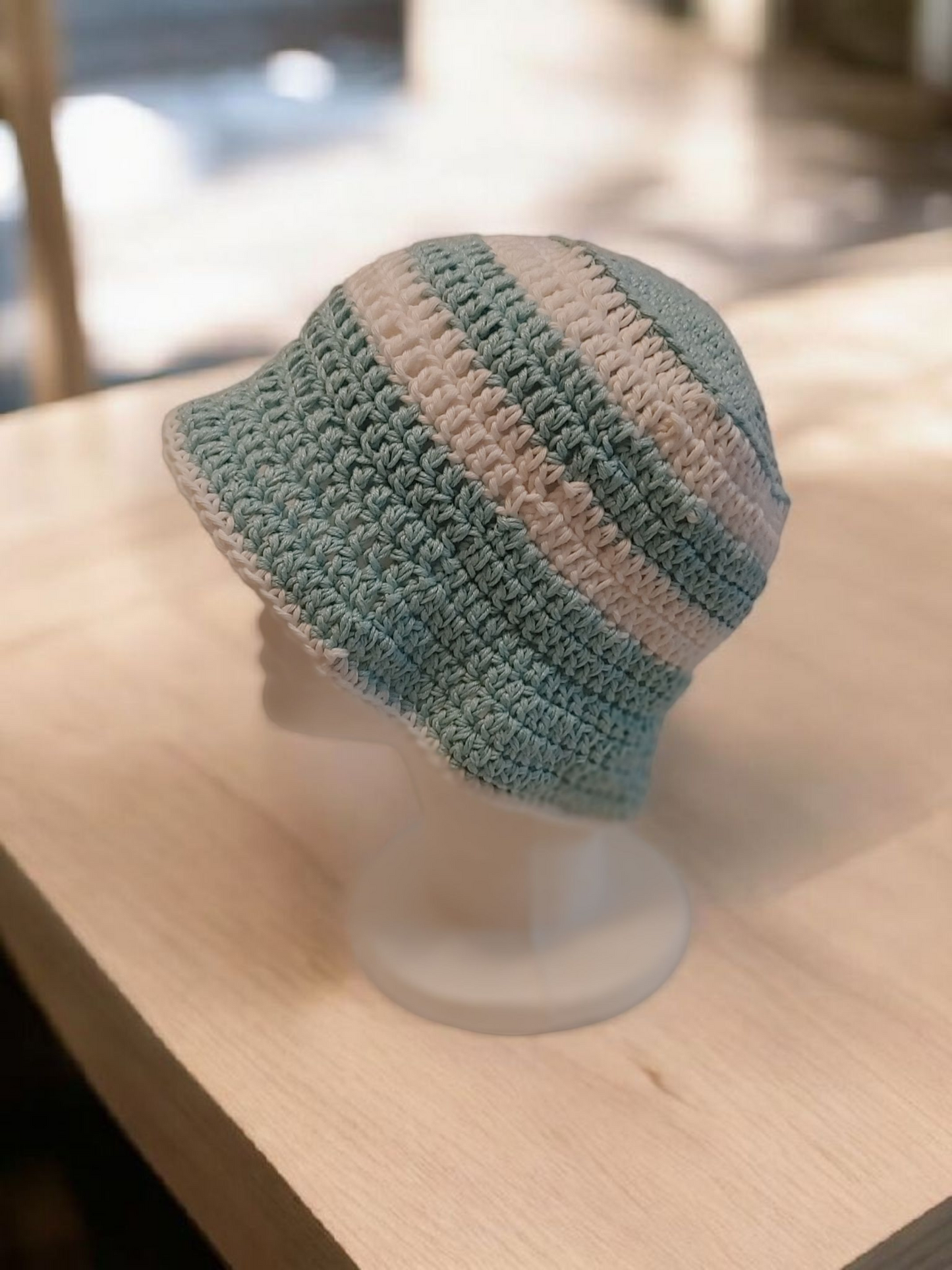 "Blue white striped crochet bucket hat - handmade cotton sun protection"