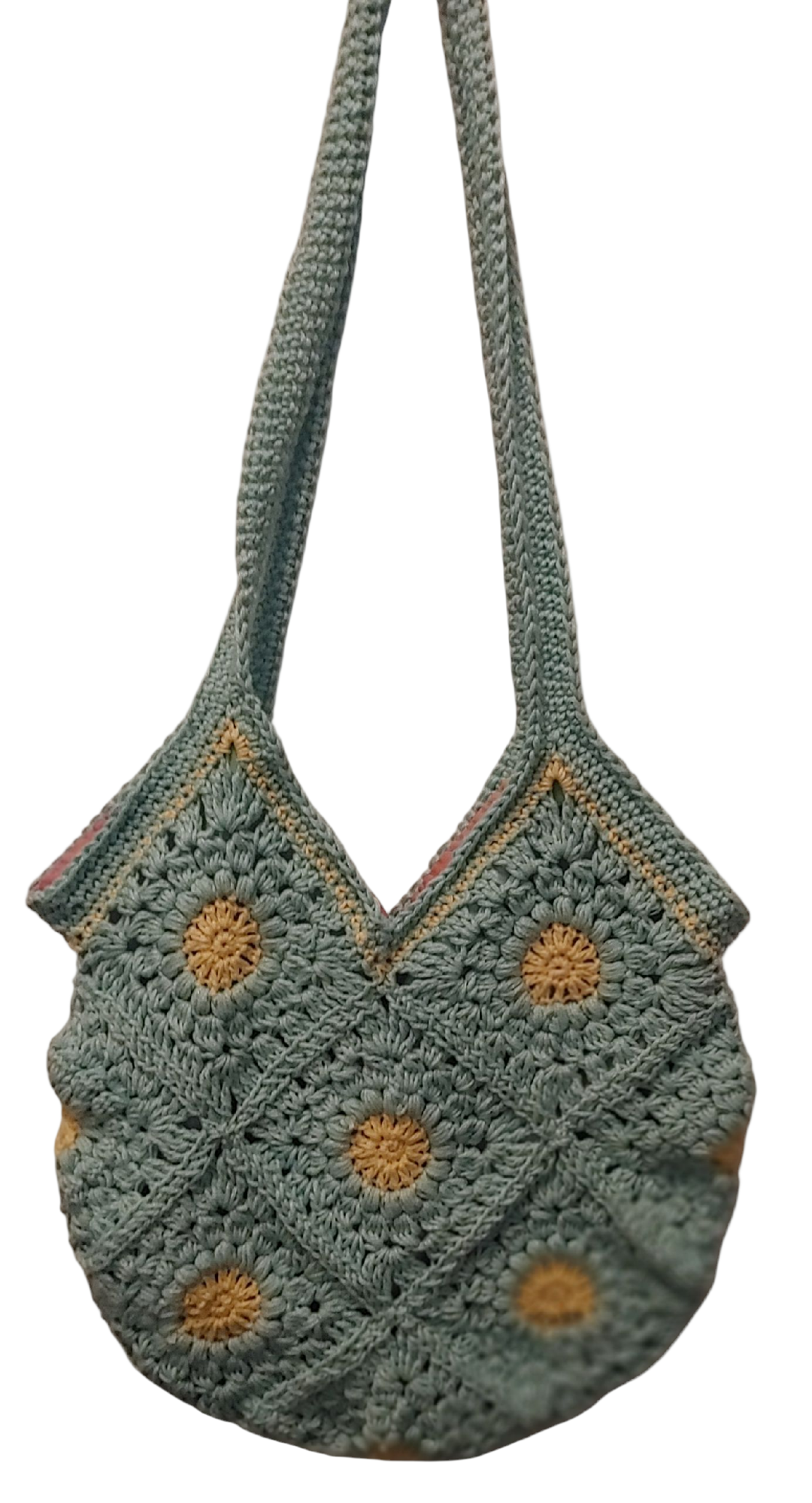 Crochet green and yellow Artisan handbag.