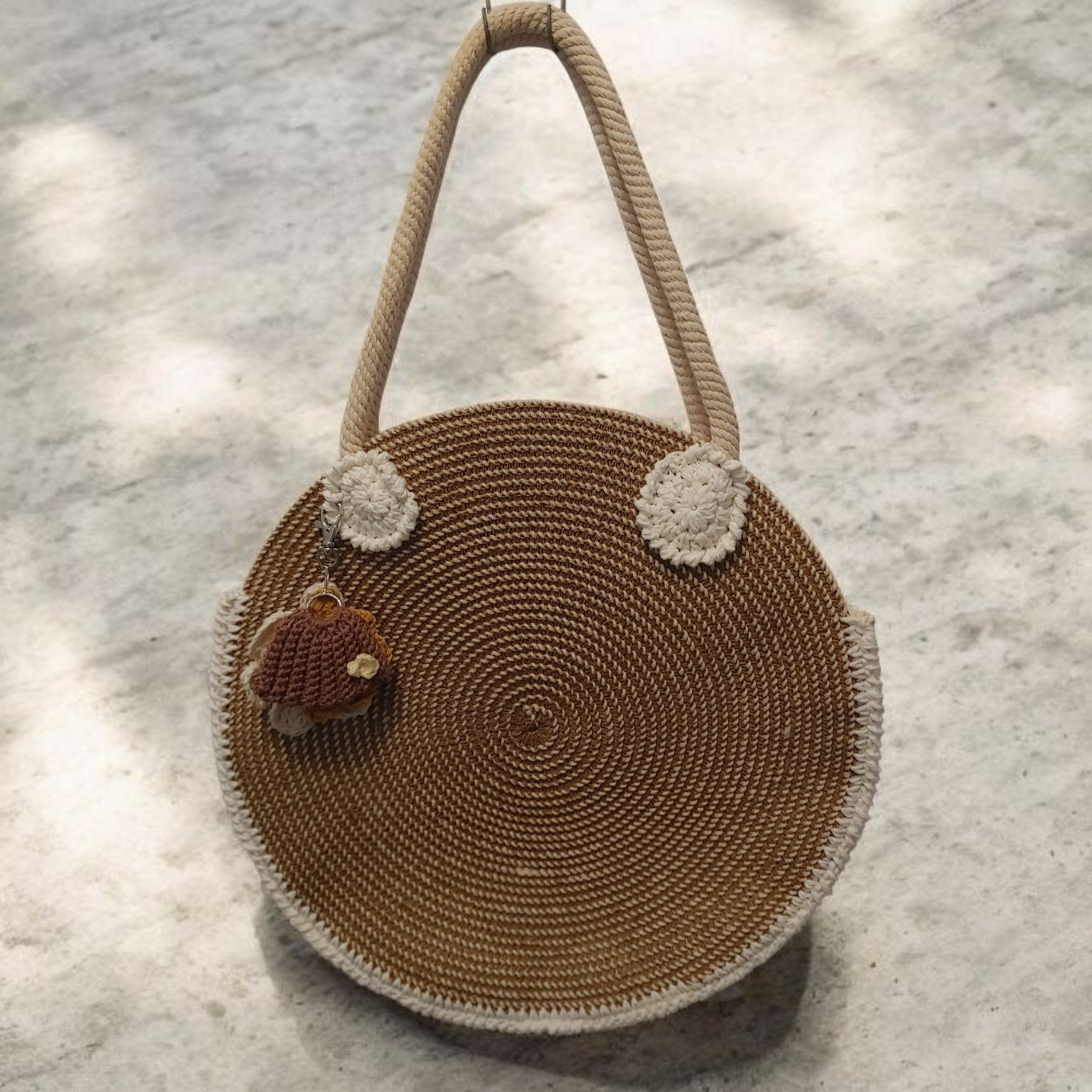 Crochet round woven and crochet everyday beach tote.