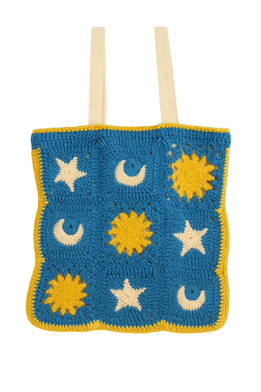 Handmade Celestial Patchwork Tote featuring sun, moon, and star crochet motifs, crafted with eco-friendly materials by Green Stitch.