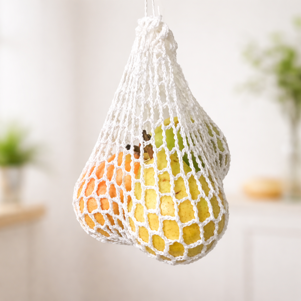 Handmade reusable crochet produce bag filled with fresh fruits at farmers market

Eco-friendly mesh produce bag carrying oranges, lemons, and vegetables

Sustainable crochet market bag for zero-waste grocery shopping