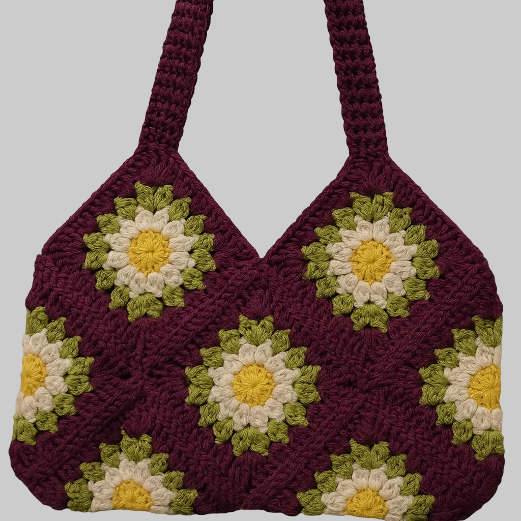 Handmade crochet mini bag featuring soft floral motifs in neutral tones, designed as a lightweight, eco-conscious accessory by Green Stitch.