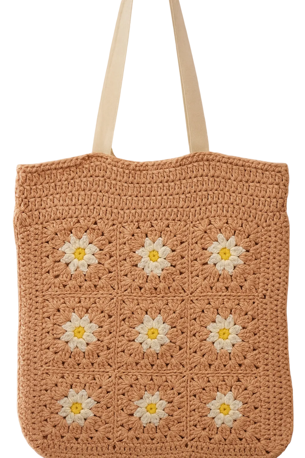 Handmade Daisy Eco Tote featuring crochet daisy motifs in soft pink and cream, reusable and eco-conscious crochet bag.
