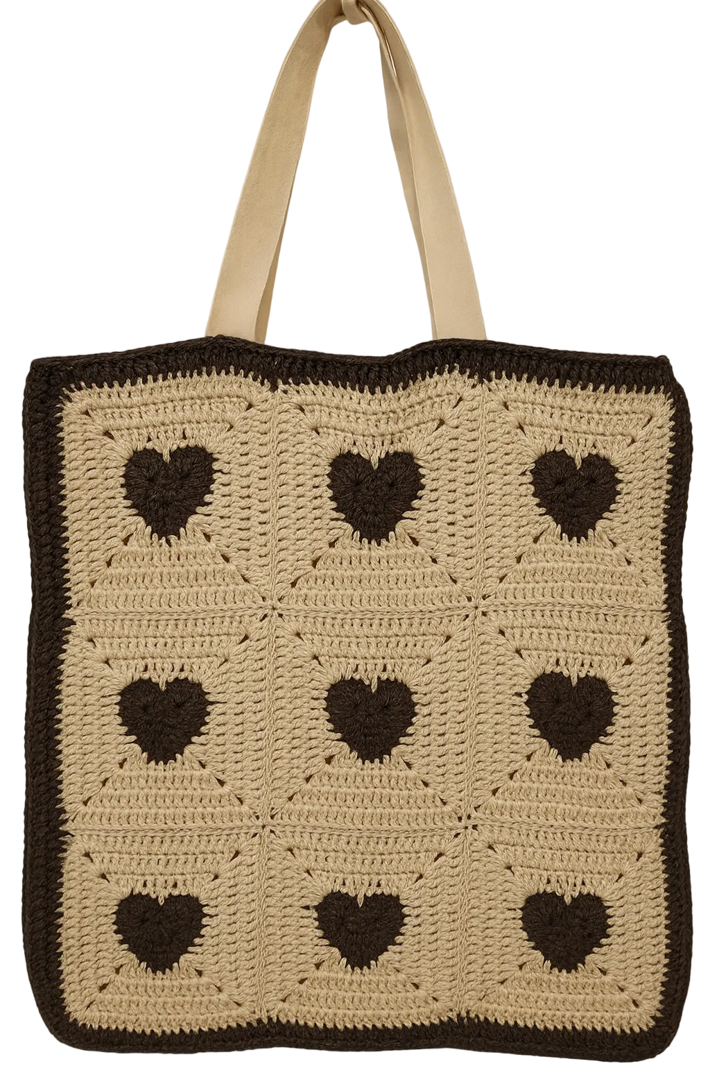 Handmade Evergreen Heart crochet tote bag with heart motif design in green and cream tones, eco-friendly and sustainably made by Green Stitch.