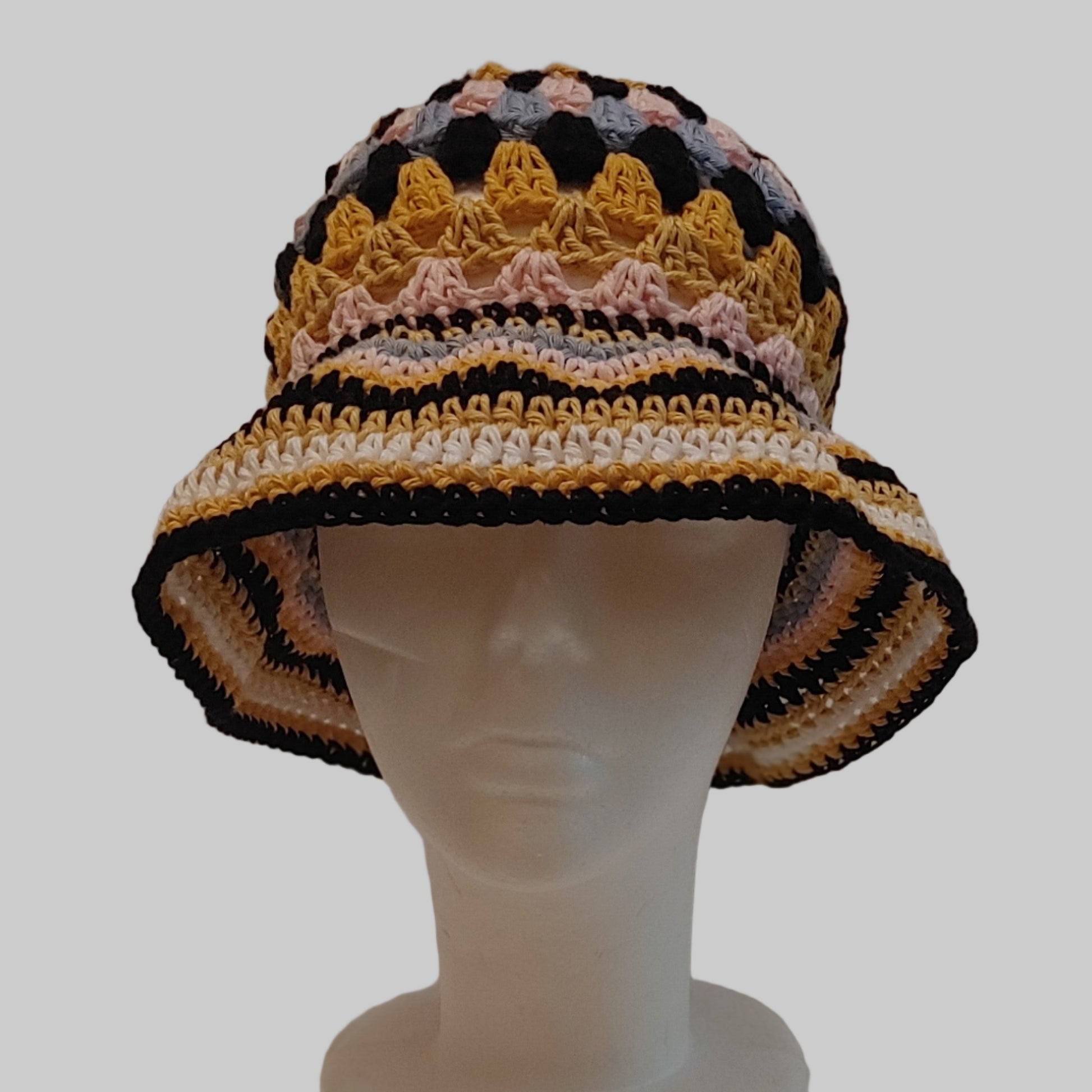 Multi colored crochet bucket hat.
