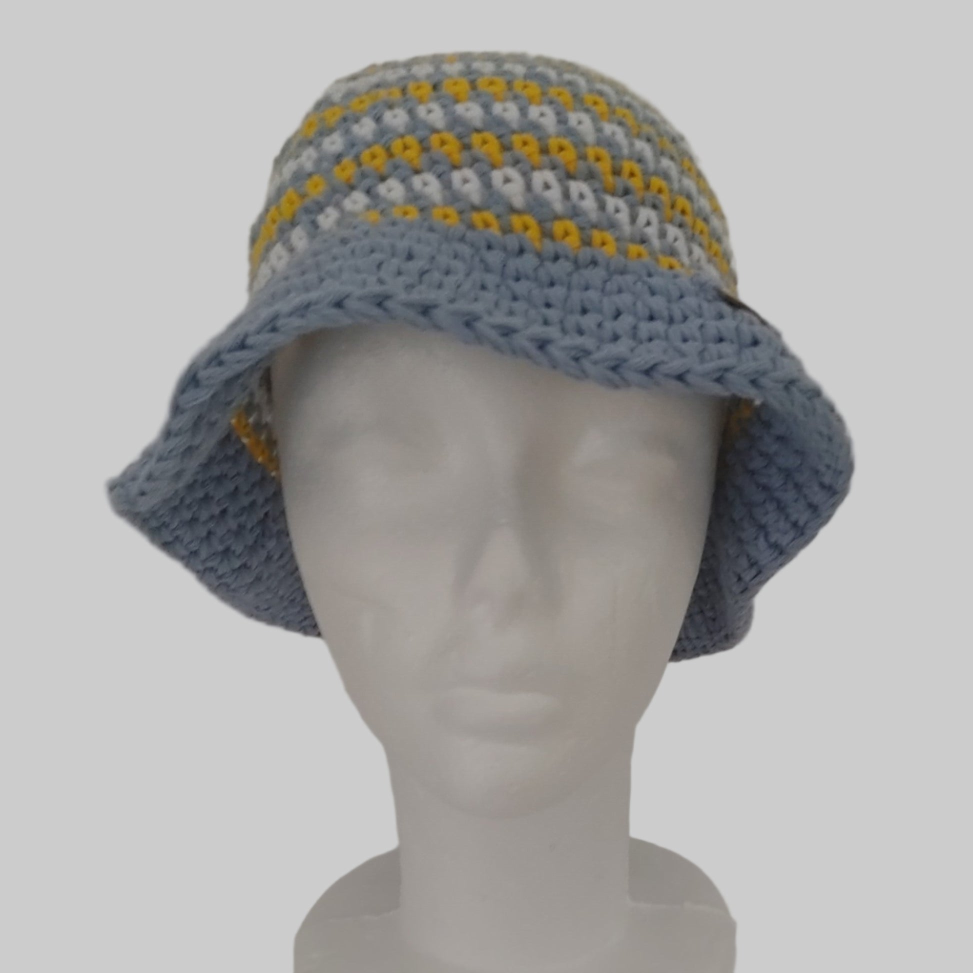 Blue, yellow and white crochet bucket hat.