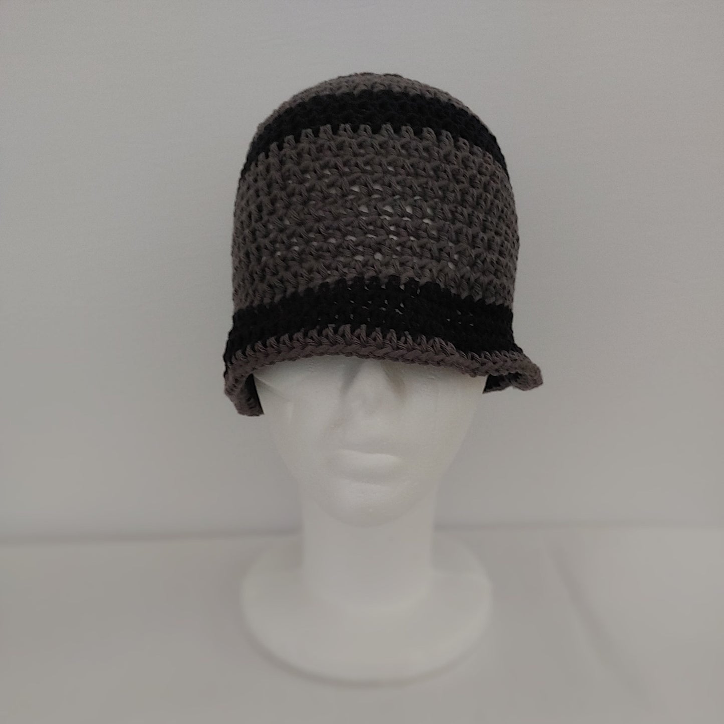 Grey and black stripe crochet bucket hat 
.