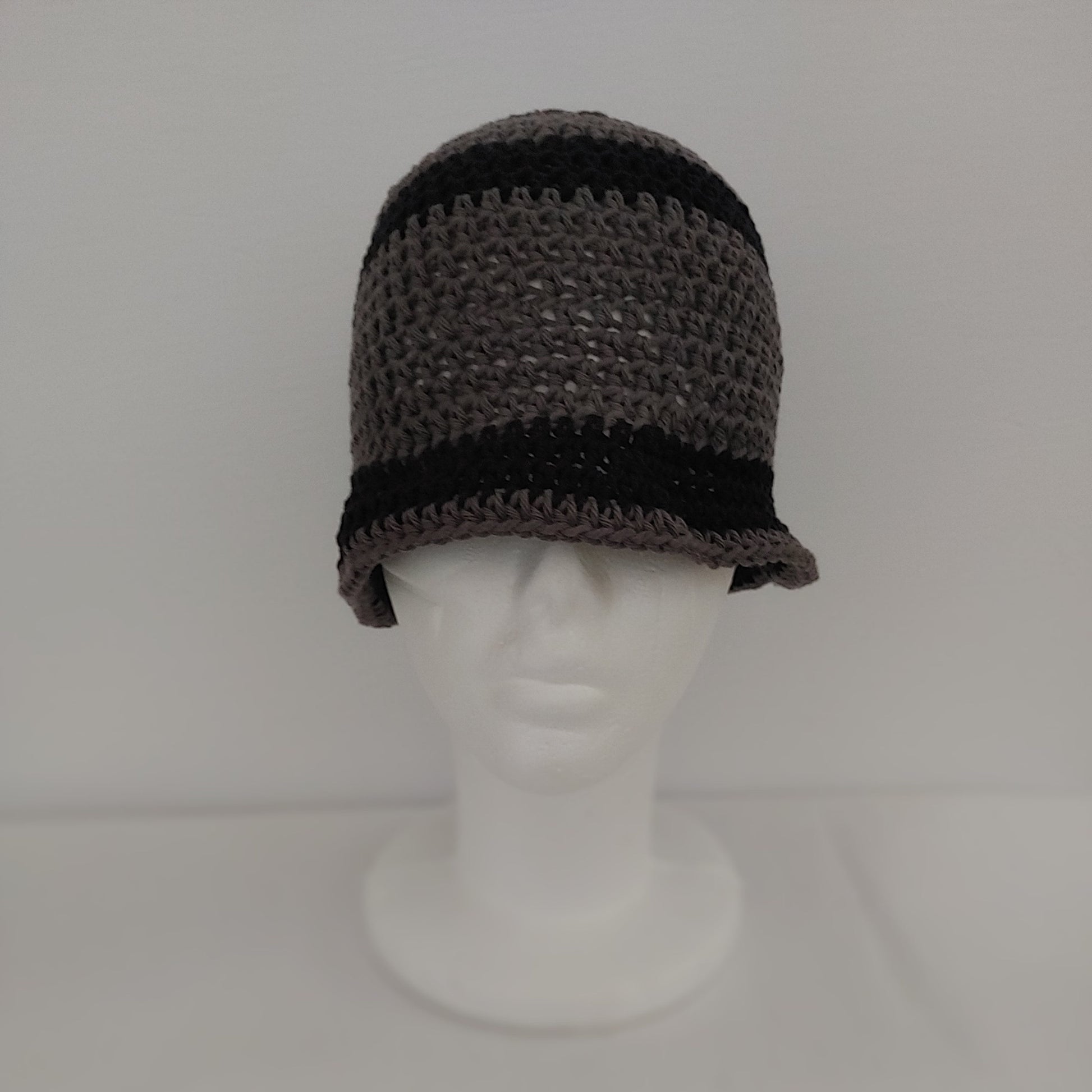 Grey and black stripe crochet bucket hat 
.