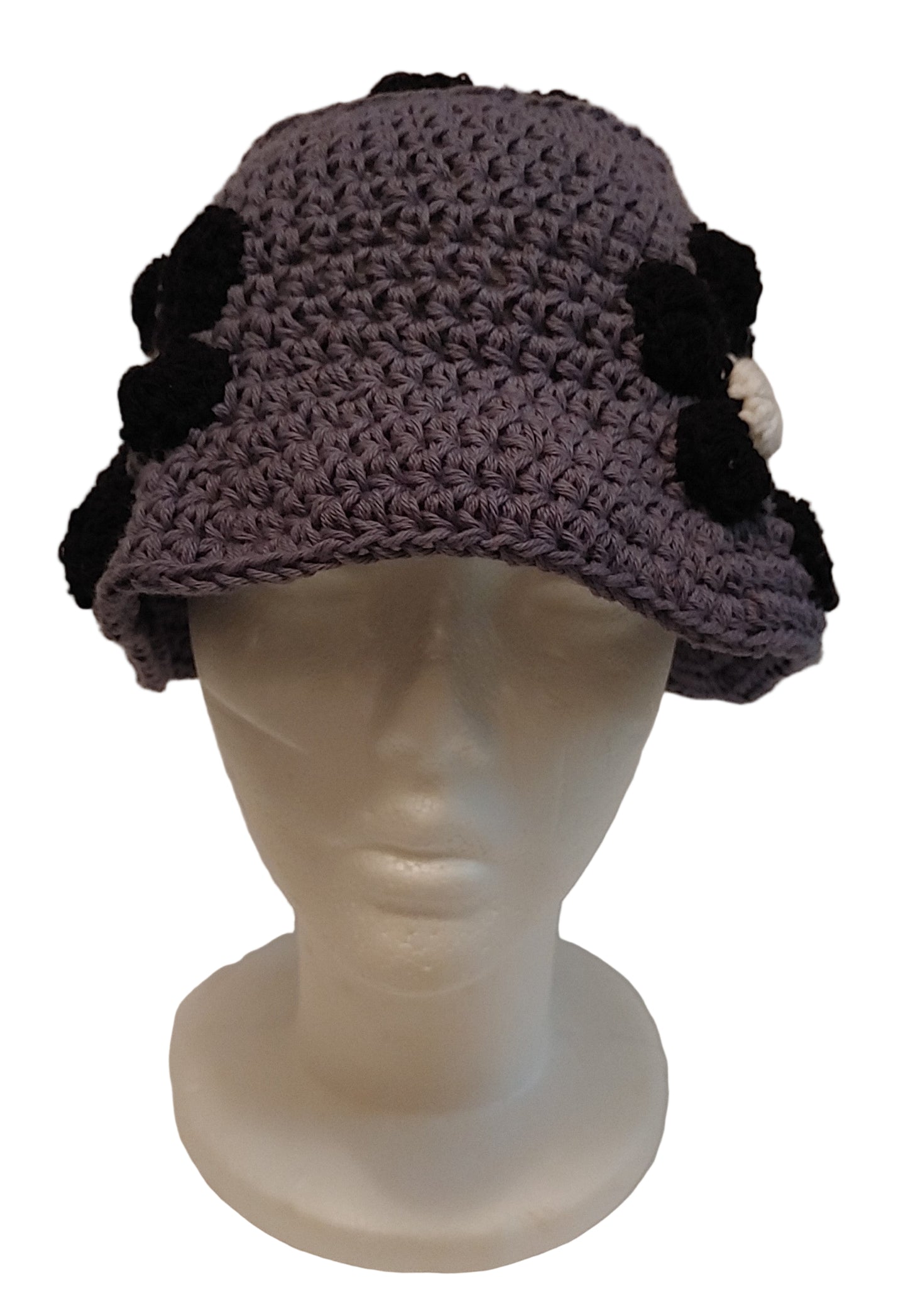 Grey and Black Floral Crochet Bucket Hat S/M