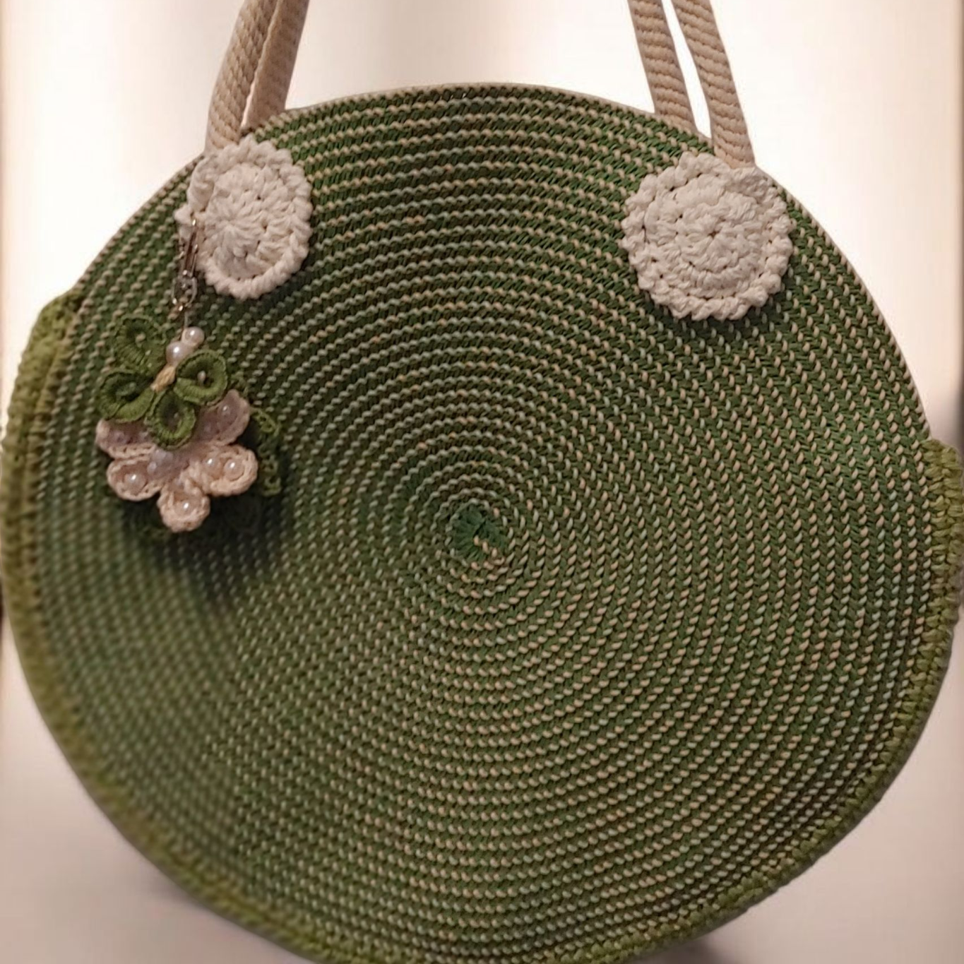 Green round woven and crochet everyday beach tote.