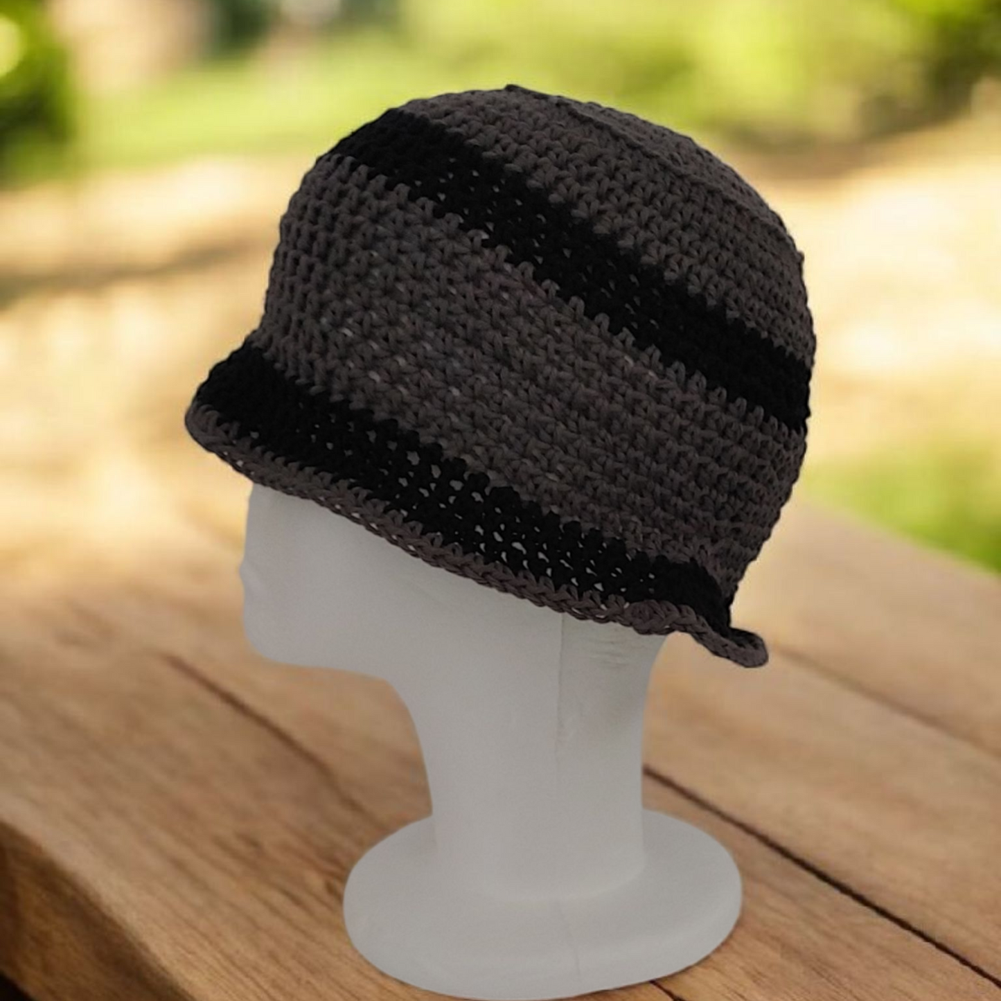 Crochet grey and black stripe bucket hat.