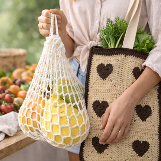Close-up of reusable crochet produce bag and handmade heart granny square tote used for sustainable grocery shopping at an outdoor market.