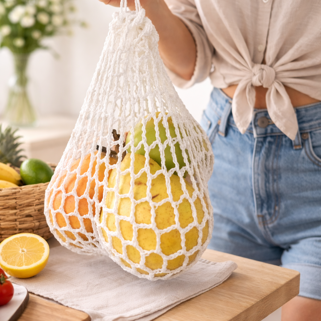 Handmade reusable crochet produce bag filled with fresh fruits at farmers market

Eco-friendly mesh produce bag carrying oranges, lemons, and vegetables

Sustainable crochet market bag for zero-waste grocery shopping