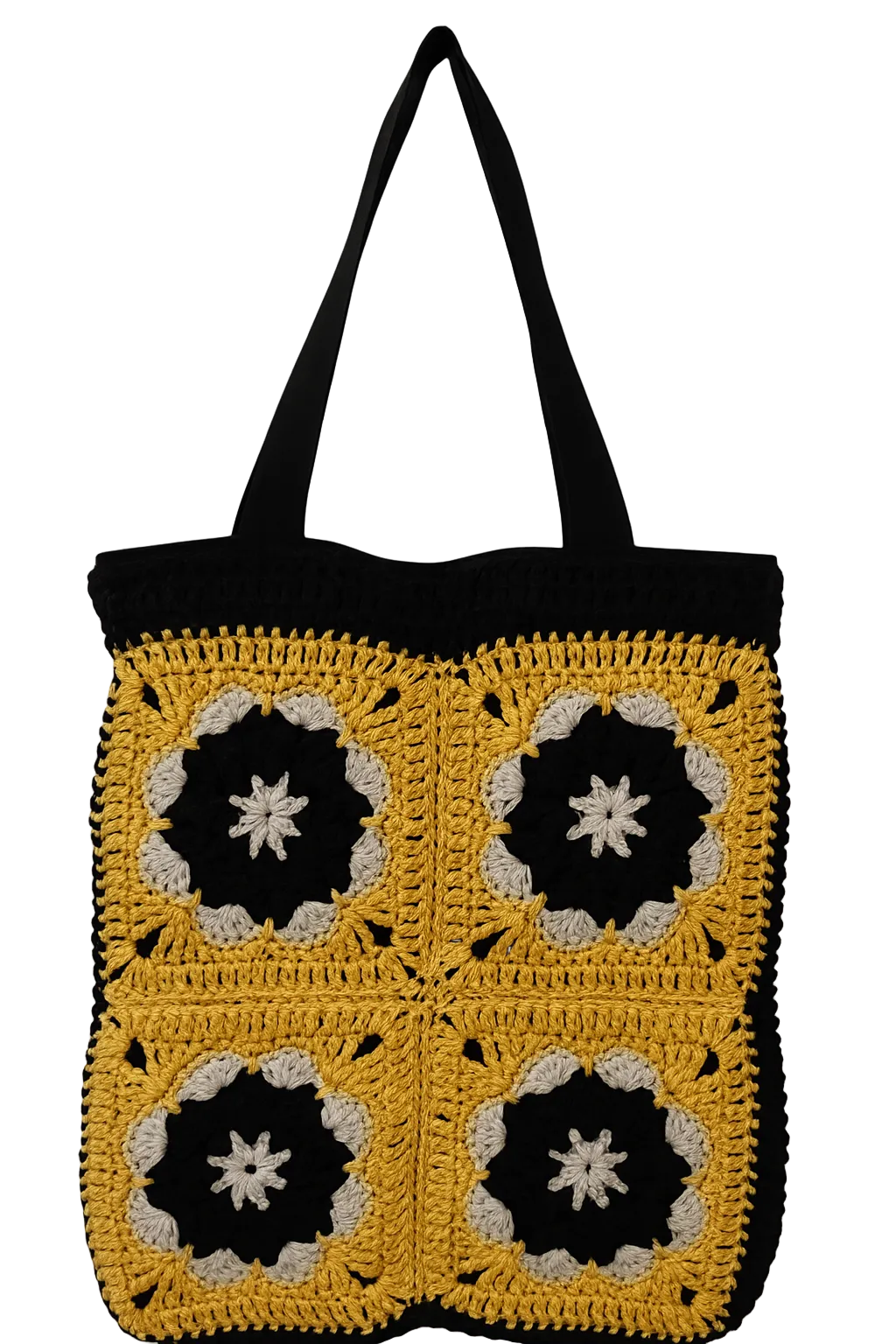 Handcrafted Honeycomb Glow Tote featuring yellow and black crochet floral patterns, a sustainable and reusable granny square tote by Green Stitch.