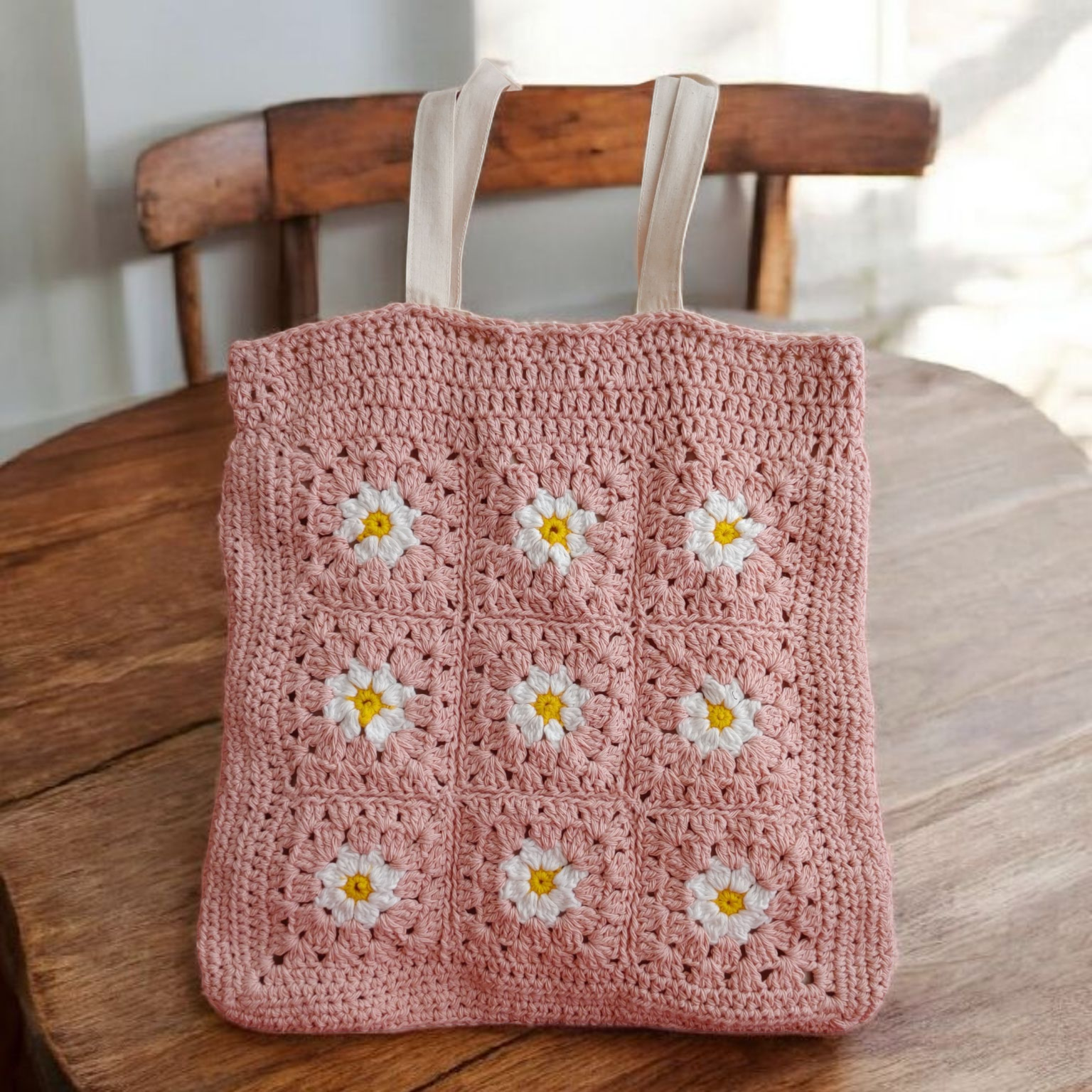 Pink daisy crochet Eco-Tote.