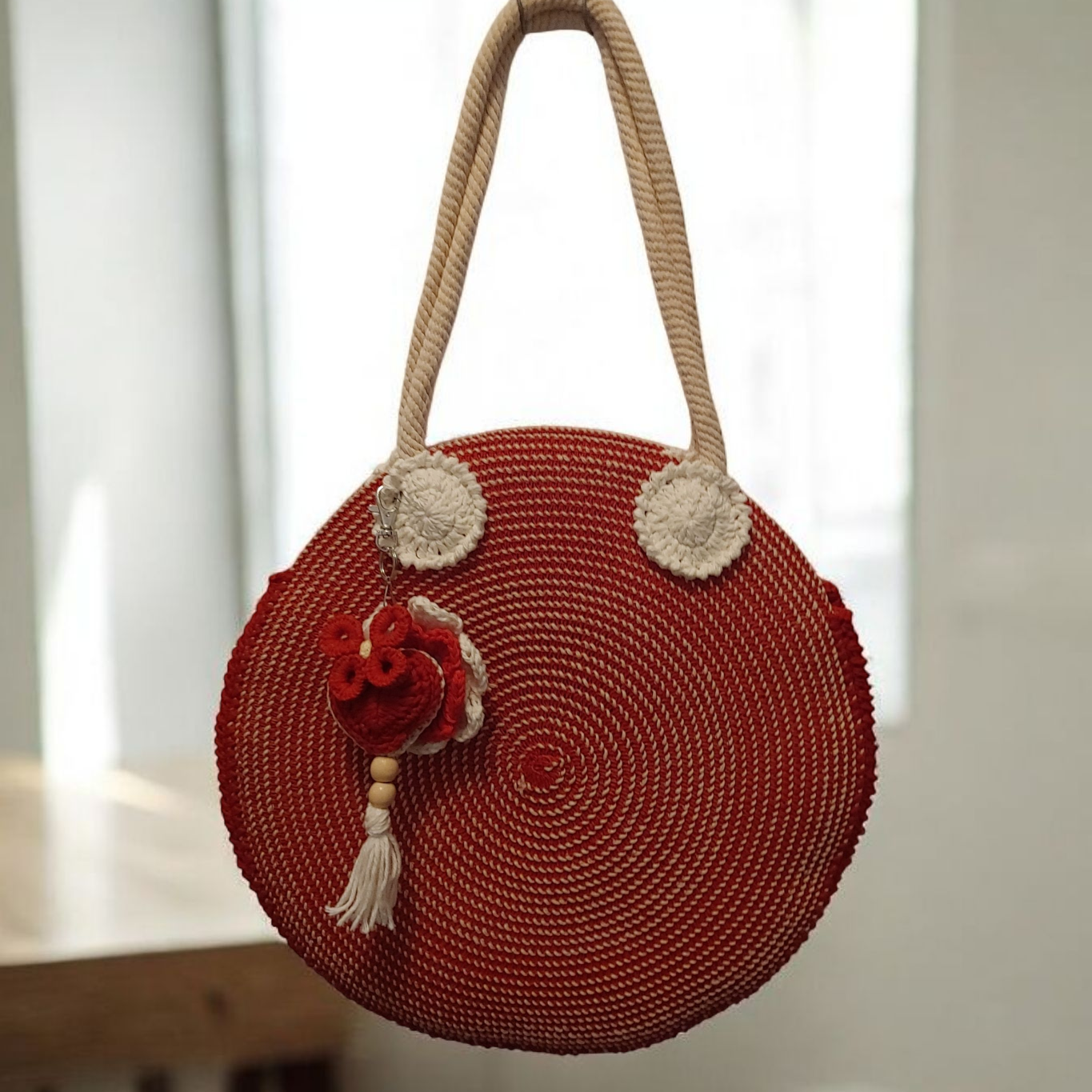Red round woven and crochet everyday beach tote bag.