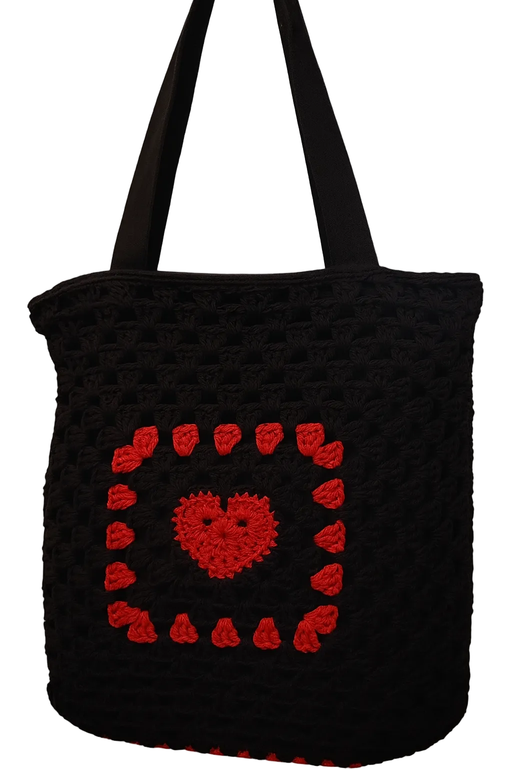Handcrafted Red Heart Granny Tote with crochet heart details, reusable eco-friendly market bag by Green Stitch.