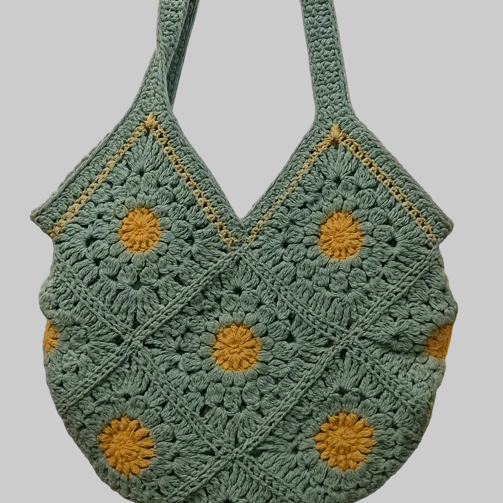 Handmade sage green granny square crochet tote bag with sunburst floral pattern, eco-friendly and sustainable