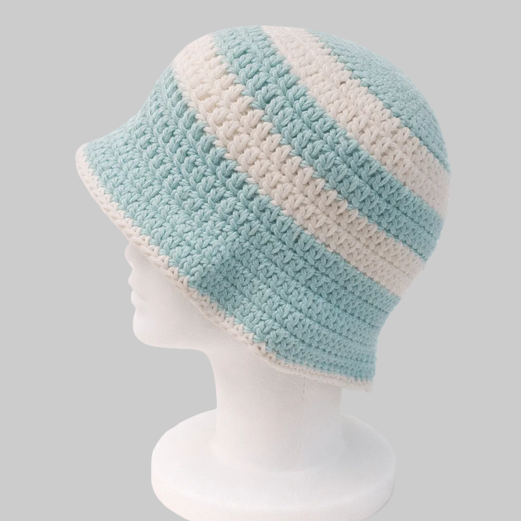 Handmade crochet bucket hat with blue and white stripes, lightweight eco-friendly summer hat by Green Stitch