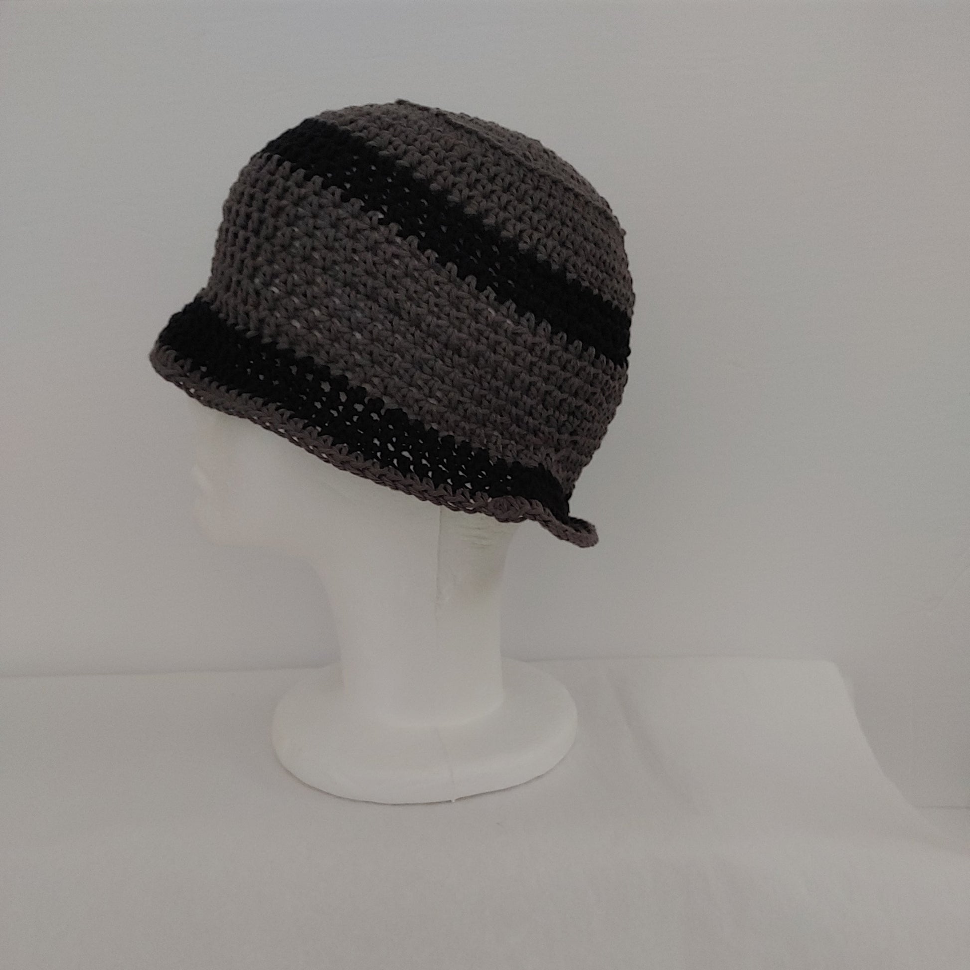 Grey and black stripe crochet bucket hat.