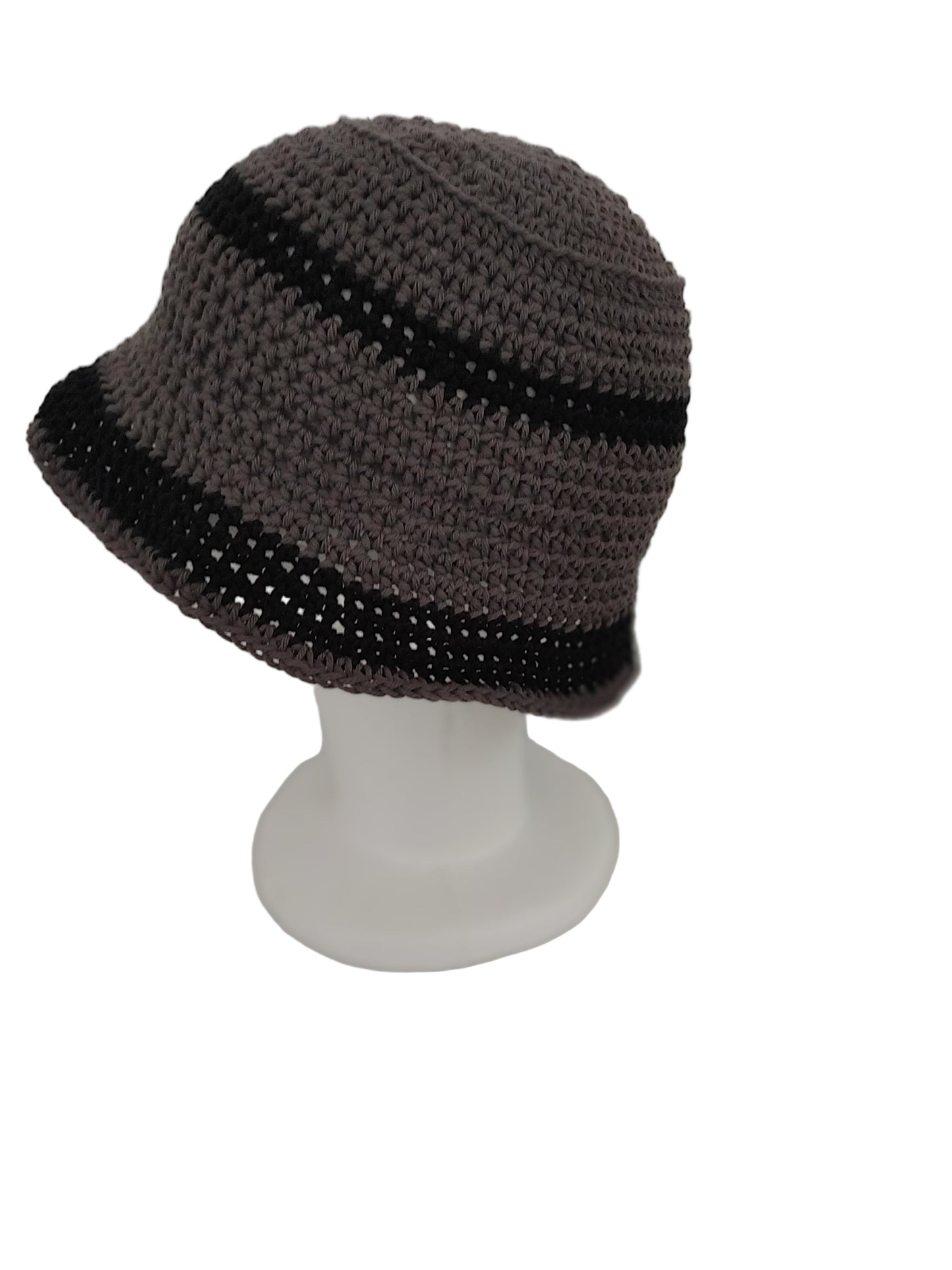 Grey and Black Stripe Crochet Bucket Hat L/XL