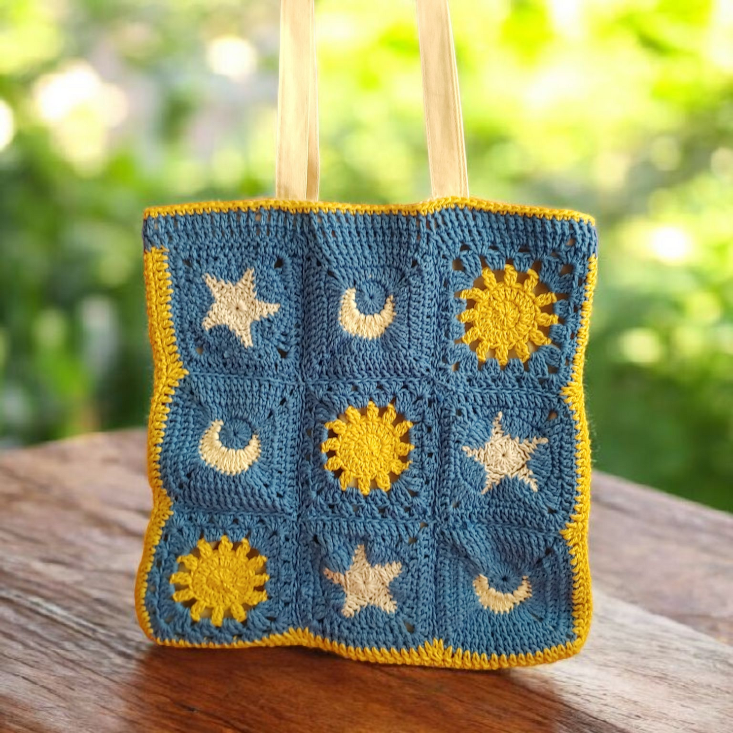 Crochet sun, moon and star Eco-Tote.