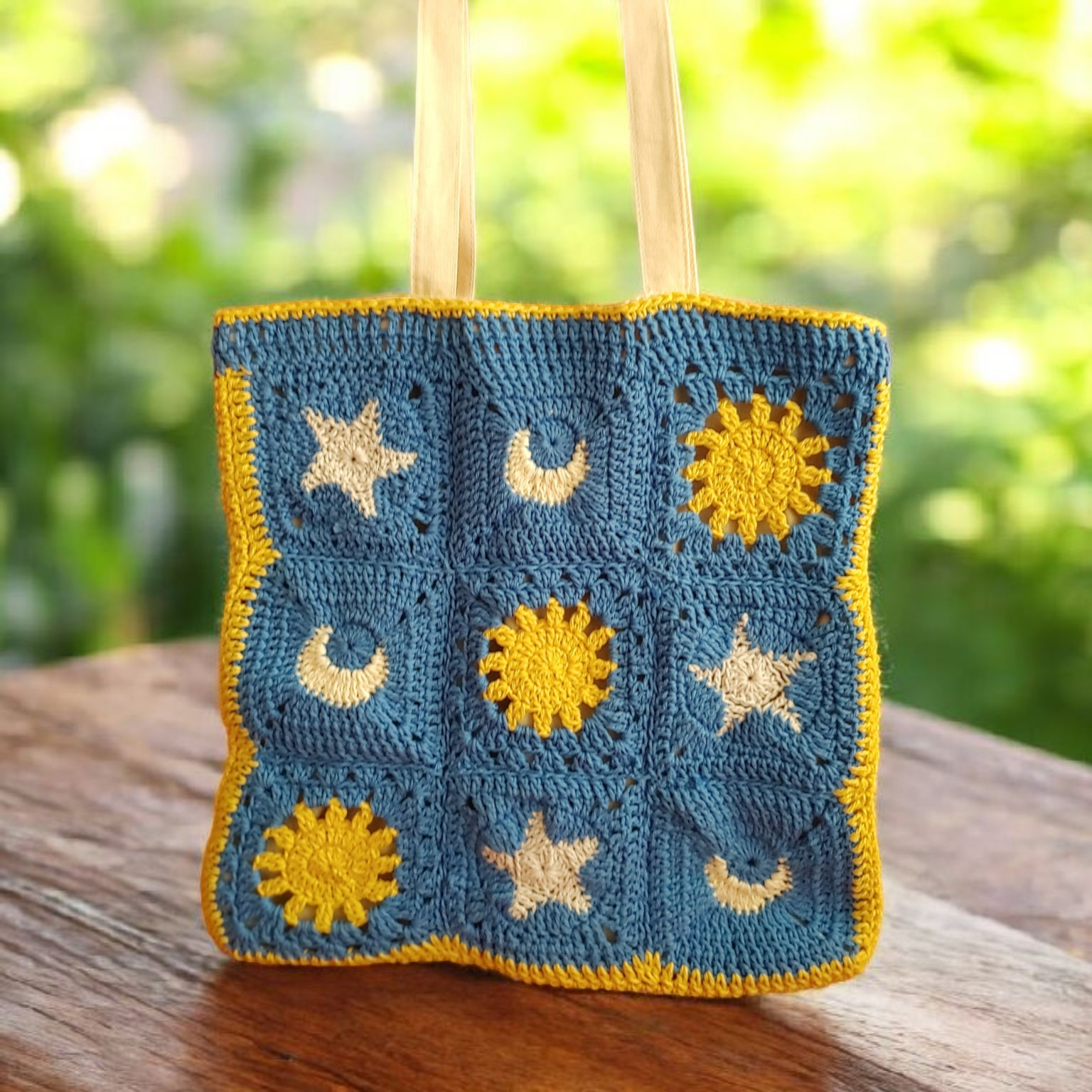 Crochet sun, moon and star Eco-Tote.