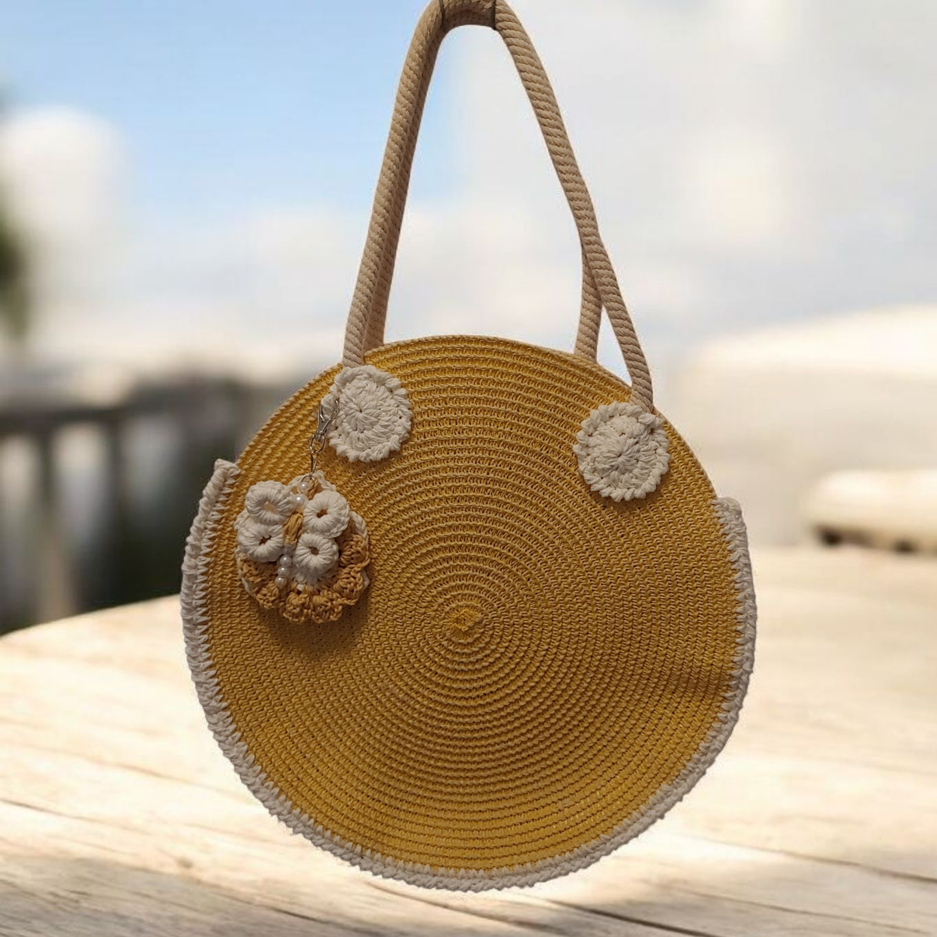 Yellow woven and crochet everyday beach tote.